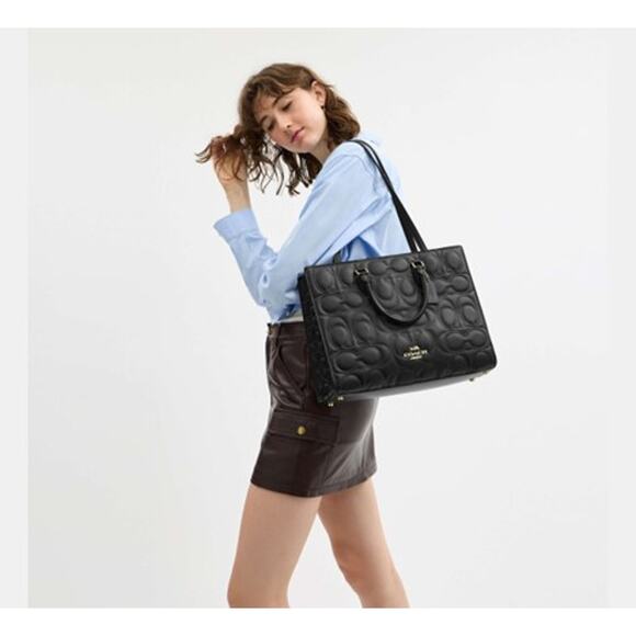 Coach Large Maggie Tote Bag In Blocked Signature Leather Black CY672 $598 - Picture 9 of 12